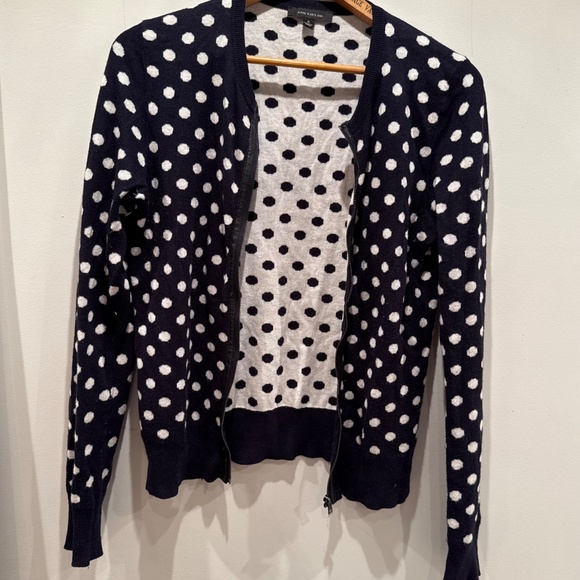 Anne Taylor black and white polka dot zipper cardigan, size S - Picture 4 of 11